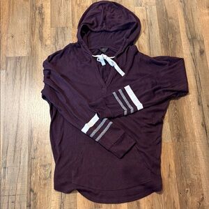 Mi Women's V-Neck Hoodie in Deep Purple with Gray Stripes